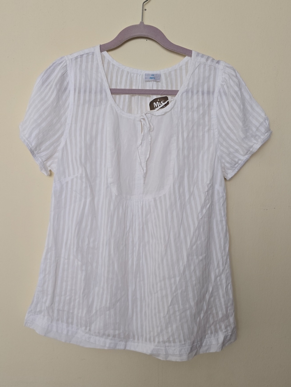 NWT M&S Peasunt Top Tie Frill Neck Cap Sleeve Cotton/Viscose White Blouse Size M